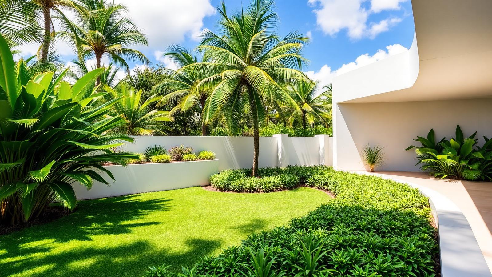 Tropical landscape with palm trees and architectural concrete details